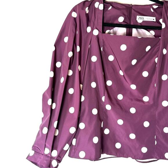 Zara Purple Polkadot Puff Sleeve Square Neck Taffeta Blouse Size Medium - Picture 4 of 9